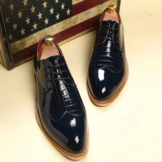 OUKU Men's White Patent Faux Leather Oxford Shoes with Crocodile Pattern and Wooden Sole - Sleek Formal Footwear for Weddings and Special Events