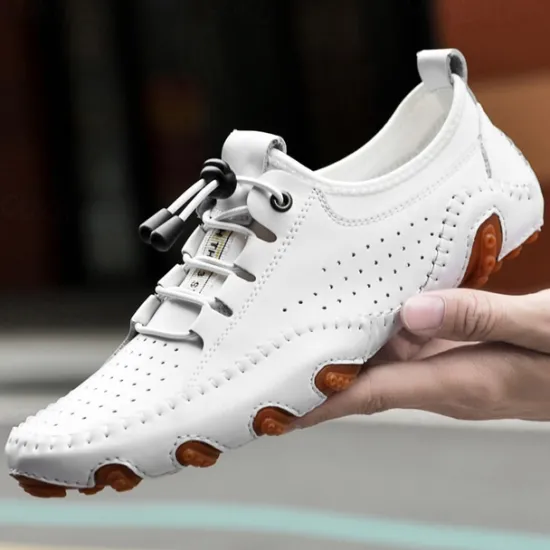 Online OUKU Men's White Perforated Casual Shoes with Hand-Stitched Detailing, Breathable Mesh Upper and Comfortable Slip-On Design