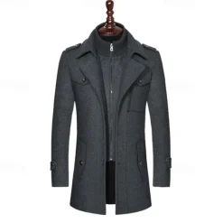 Hot OUKU Men's Windbreaker Wool Coat Trench Coat Daily Vacation Fall & Winter Wool Thermal Warm Windproof Outerwear Clothing Apparel Fashion Classic Plain Pocket Lapel Single Breasted