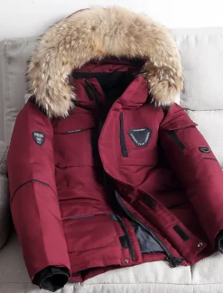 Best OUKU Men's Winter Coat Down Jacket Puffer Jacket Parka with Faux Fur 90% White duck down Sports & Outdoor Thermal Warm Winter Solid Color Black Wine Puffer Jacket