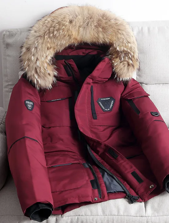 Best OUKU Men's Winter Coat Down Jacket Puffer Jacket Parka with Faux Fur 90% White duck down Sports & Outdoor Thermal Warm Winter Solid Color Black Wine Puffer Jacket