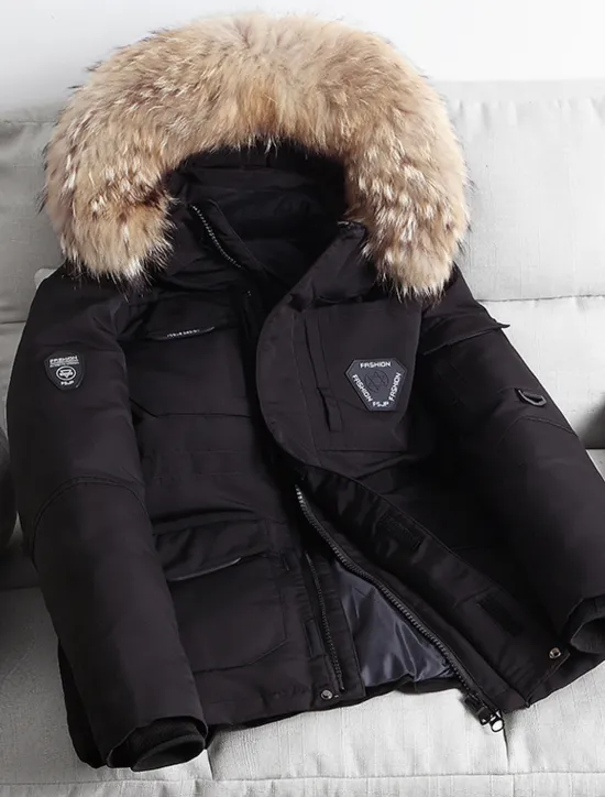 Best OUKU Men's Winter Coat Down Jacket Puffer Jacket Parka with Faux Fur 90% White duck down Sports & Outdoor Thermal Warm Winter Solid Color Black Wine Puffer Jacket