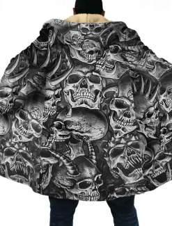 Online OUKU Men's Winter Coat Fleece Jacket Coat Sports & Outdoor Daily Wear Warm Breathable Zipper Pocket Fall & Winter Skull Fashion Streetwear Hoodie Long Regular Fit Jacket Black