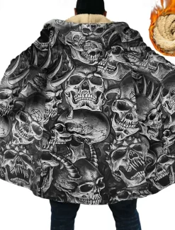 Online OUKU Men's Winter Coat Fleece Jacket Coat Sports & Outdoor Daily Wear Warm Breathable Zipper Pocket Fall & Winter Skull Fashion Streetwear Hoodie Long Regular Fit Jacket Black