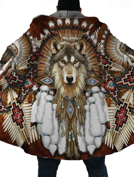 Hot OUKU Men's Winter Coat Fleece Jacket Coat Sports & Outdoor Daily Wear Warm Breathable Zipper Pocket Fall & Winter Wolf Bandana Print Streetwear Ethnic Style Hoodie Long Regular Fit Black Purple Orange