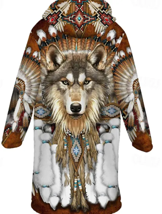 Hot OUKU Men's Winter Coat Fleece Jacket Coat Sports & Outdoor Daily Wear Warm Breathable Zipper Pocket Fall & Winter Wolf Bandana Print Streetwear Ethnic Style Hoodie Long Regular Fit Black Purple Orange
