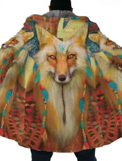 Hot OUKU Men's Winter Coat Fleece Jacket Coat Sports & Outdoor Daily Wear Warm Breathable Zipper Pocket Fall & Winter Wolf Bandana Print Streetwear Ethnic Style Hoodie Long Regular Fit Black Purple Orange