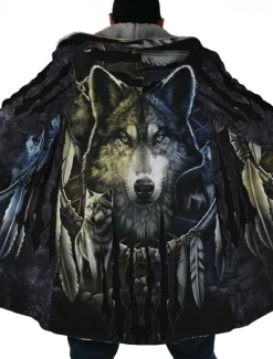 Hot OUKU Men's Winter Coat Fleece Jacket Coat Sports & Outdoor Daily Wear Warm Breathable Zipper Pocket Fall & Winter Wolf Bandana Print Streetwear Ethnic Style Hoodie Long Regular Fit Black Purple Orange