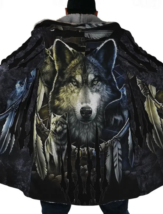 Hot OUKU Men's Winter Coat Fleece Jacket Coat Sports & Outdoor Daily Wear Warm Breathable Zipper Pocket Fall & Winter Wolf Bandana Print Streetwear Ethnic Style Hoodie Long Regular Fit Black Purple Orange