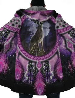 Hot OUKU Men's Winter Coat Fleece Jacket Coat Sports & Outdoor Daily Wear Warm Breathable Zipper Pocket Fall & Winter Wolf Bandana Print Streetwear Ethnic Style Hoodie Long Regular Fit Black Purple Orange