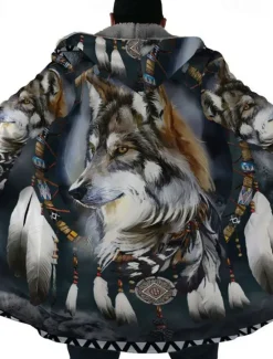 Hot OUKU Men's Winter Coat Fleece Jacket Coat Sports & Outdoor Daily Wear Warm Breathable Zipper Pocket Fall & Winter Wolf Bandana Print Streetwear Ethnic Style Hoodie Long Regular Fit Black Purple Orange
