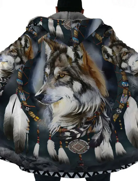 Hot OUKU Men's Winter Coat Fleece Jacket Coat Sports & Outdoor Daily Wear Warm Breathable Zipper Pocket Fall & Winter Wolf Bandana Print Streetwear Ethnic Style Hoodie Long Regular Fit Black Purple Orange