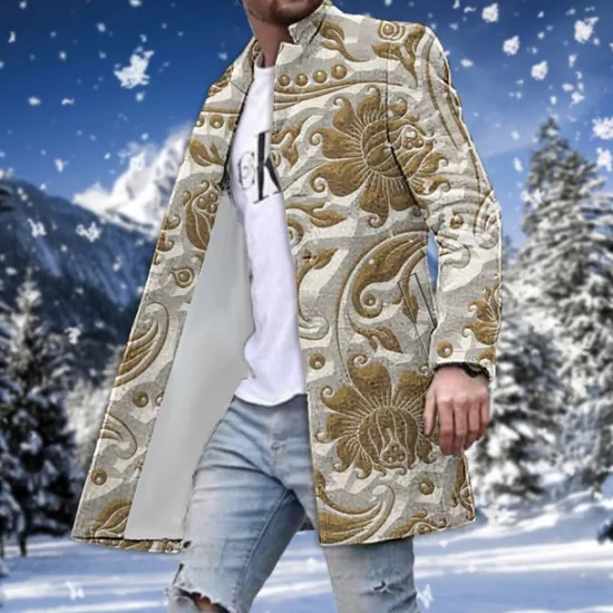 New OUKU Men's Winter Coat Overcoat Coat Going out Weekend Print Fall & Winter Turndown Long Sleeve Blue Green khaki