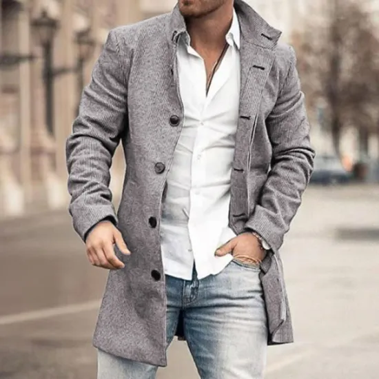 OUKU Men's Winter Coat Overcoat Trench Coat Outdoor Daily Wear Fall & Winter Polyester Outerwear Clothing Apparel Fashion Streetwear Geometric Lapel Single Breasted Gray