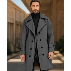 Hot OUKU Men's Winter Coat Overcoat Peacoat Trench Coat Daily Vacation Fall & Winter 95% polyester 5% cotton Thermal Warm Outerwear Clothing Apparel Fashion Classic Plain Pocket Lapel Double Breasted