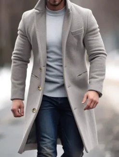 Online OUKU Men's Winter Coat Overcoat Trench Coat Office & Career Daily Wear Winter Polyester Thermal Warm Windproof Outerwear Clothing Apparel Fashion Warm Ups Plain Pocket Lapel Single Breasted