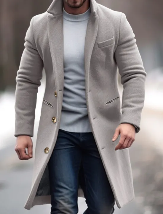 Online OUKU Men's Winter Coat Overcoat Trench Coat Office & Career Daily Wear Winter Polyester Thermal Warm Windproof Outerwear Clothing Apparel Fashion Warm Ups Plain Pocket Lapel Single Breasted