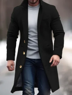 Online OUKU Men's Winter Coat Overcoat Trench Coat Office & Career Daily Wear Winter Polyester Thermal Warm Windproof Outerwear Clothing Apparel Fashion Warm Ups Plain Pocket Lapel Single Breasted