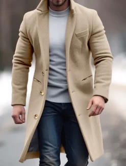Online OUKU Men's Winter Coat Overcoat Trench Coat Office & Career Daily Wear Winter Polyester Thermal Warm Windproof Outerwear Clothing Apparel Fashion Warm Ups Plain Pocket Lapel Single Breasted