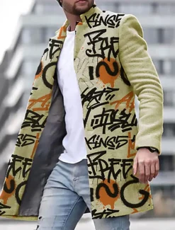 Discount OUKU Men's Winter Coat Overcoat Coat Daily Wear Vacation With Pockets Print Front Pocket Fall & Winter Letter Streetwear Sport Turndown Regular Yellow Blue Purple Green khaki Jacket