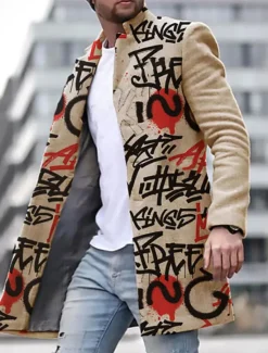 Discount OUKU Men's Winter Coat Overcoat Coat Daily Wear Vacation With Pockets Print Front Pocket Fall & Winter Letter Streetwear Sport Turndown Regular Yellow Blue Purple Green khaki Jacket
