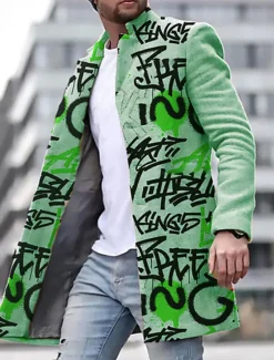 Discount OUKU Men's Winter Coat Overcoat Coat Daily Wear Vacation With Pockets Print Front Pocket Fall & Winter Letter Streetwear Sport Turndown Regular Yellow Blue Purple Green khaki Jacket