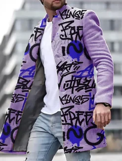 Discount OUKU Men's Winter Coat Overcoat Coat Daily Wear Vacation With Pockets Print Front Pocket Fall & Winter Letter Streetwear Sport Turndown Regular Yellow Blue Purple Green khaki Jacket
