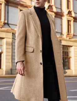 Outlet OUKU Men's Winter Coat Overcoat Work Business Fall & Winter Solid Colored Notch lapel collar Long Black Khaki Gray Jacket