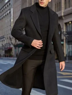 Outlet OUKU Men's Winter Coat Overcoat Work Business Fall & Winter Solid Colored Notch lapel collar Long Black Khaki Gray Jacket