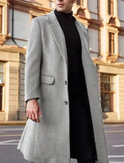 Outlet OUKU Men's Winter Coat Overcoat Work Business Fall & Winter Solid Colored Notch lapel collar Long Black Khaki Gray Jacket