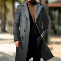 Online OUKU Men's Winter Coat Overcoat Peacoat Outdoor Daily Wear Fall & Winter Polyester Thermal Warm Waterproof Outerwear Clothing Apparel Fashion Streetwear Plain Lapel Double Breasted