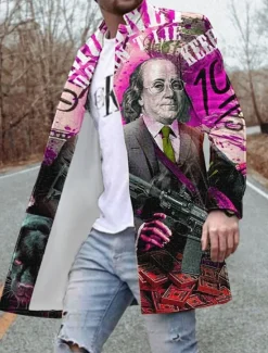 Best OUKU Men's Winter Coat Overcoat Coat Going out Weekend Print Fall & Winter Turndown Long Sleeve Yellow Red Purple