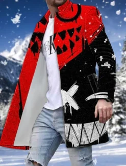 Sale OUKU Men's Winter Coat Overcoat Coat Going out Weekend Print Fall & Winter Turndown Long Sleeve White Red Blue