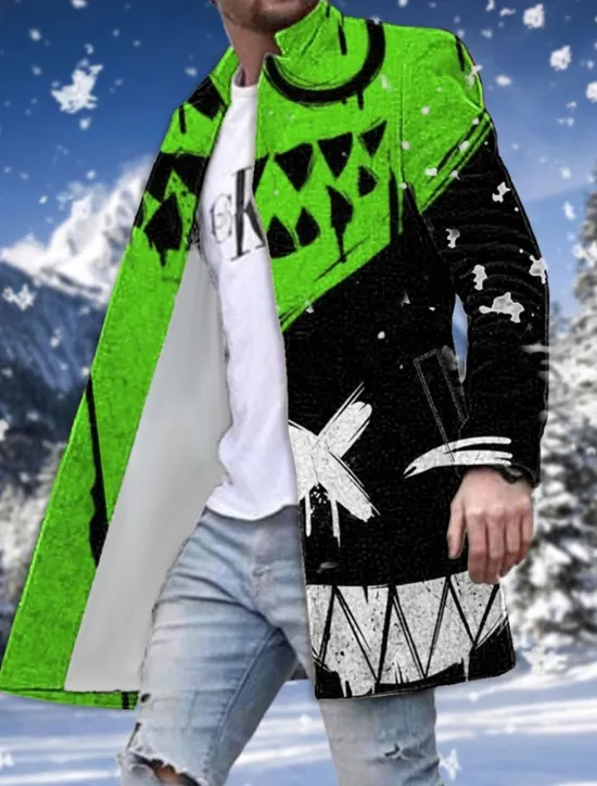 Sale OUKU Men's Winter Coat Overcoat Coat Going out Weekend Print Fall & Winter Turndown Long Sleeve White Red Blue