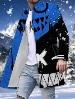 Sale OUKU Men's Winter Coat Overcoat Coat Going out Weekend Print Fall & Winter Turndown Long Sleeve White Red Blue