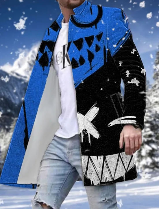 Sale OUKU Men's Winter Coat Overcoat Coat Going out Weekend Print Fall & Winter Turndown Long Sleeve White Red Blue