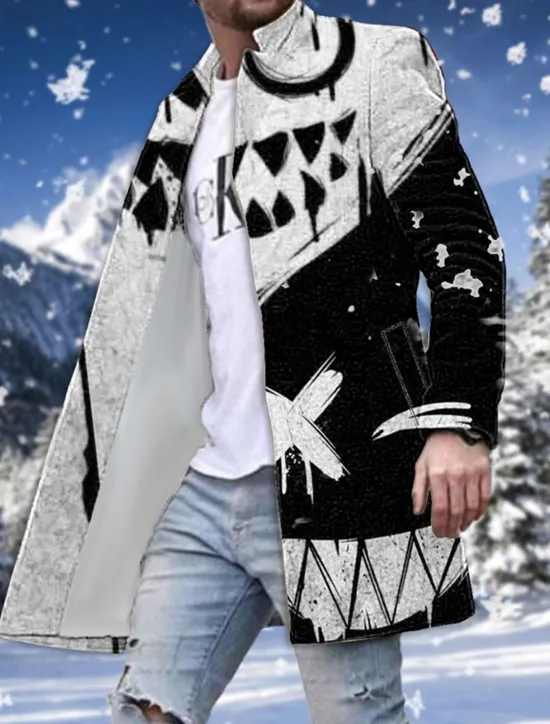 Sale OUKU Men's Winter Coat Overcoat Coat Going out Weekend Print Fall & Winter Turndown Long Sleeve White Red Blue