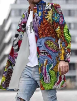 Clearance OUKU Men's Winter Coat Overcoat Coat Work Wear to work Warm Breathable Pocket Print Fall & Winter Abstract Graphic Prints Fashion Streetwear Turndown Long Regular Fit Yellow Blue Green Jacket