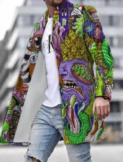 Clearance OUKU Men's Winter Coat Overcoat Coat Work Wear to work Warm Breathable Pocket Print Fall & Winter Abstract Graphic Prints Fashion Streetwear Turndown Long Regular Fit Yellow Blue Green Jacket