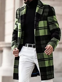 OUKU Men's Winter Coat Overcoat Coat Sports & Outdoor Daily Wear Warm Breathable Pocket Print Fall & Winter Plaid Fashion Business Turndown Long Regular Fit Yellow Blue Purple Brown Green Jacket