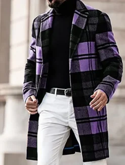 OUKU Men's Winter Coat Overcoat Coat Sports & Outdoor Daily Wear Warm Breathable Pocket Print Fall & Winter Plaid Fashion Business Turndown Long Regular Fit Yellow Blue Purple Brown Green Jacket
