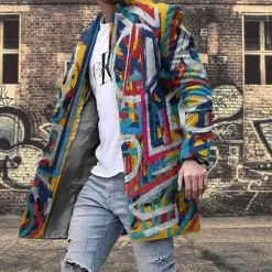 Discount OUKU Men's Winter Coat Overcoat Coat Work Wear to work Warm Breathable Pocket Print Fall & Winter Color Block Graphic Prints Fashion Streetwear Turndown Long Regular Fit Jacket Rainbow