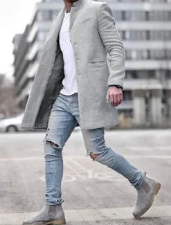 Online OUKU Men's Winter Coat Overcoat Trench Coat Short Coat Overcoat Work Business Winter Polyester Warm Outerwear Clothing Apparel Solid Colored Classic Style Notch lapel collar
