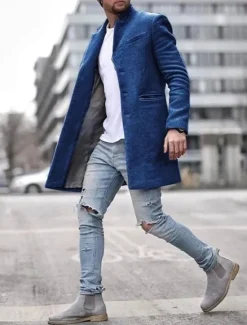 Online OUKU Men's Winter Coat Overcoat Trench Coat Short Coat Overcoat Work Business Winter Polyester Warm Outerwear Clothing Apparel Solid Colored Classic Style Notch lapel collar