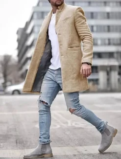 Online OUKU Men's Winter Coat Overcoat Trench Coat Short Coat Overcoat Work Business Winter Polyester Warm Outerwear Clothing Apparel Solid Colored Classic Style Notch lapel collar