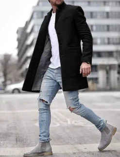 Online OUKU Men's Winter Coat Overcoat Trench Coat Short Coat Overcoat Work Business Winter Polyester Warm Outerwear Clothing Apparel Solid Colored Classic Style Notch lapel collar