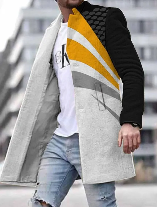 Outlet OUKU Men's Winter Coat Overcoat Coat Daily Wear Vacation With Pockets Print Front Pocket Fall & Winter Geometic Streetwear Sport Turndown Regular Yellow Red Blue Green Jacket