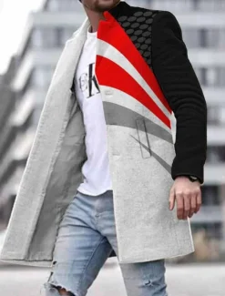 Outlet OUKU Men's Winter Coat Overcoat Coat Daily Wear Vacation With Pockets Print Front Pocket Fall & Winter Geometic Streetwear Sport Turndown Regular Yellow Red Blue Green Jacket