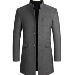 Outlet OUKU Men's Winter Coat Overcoat Trench Coat Business Daily Wear Winter POLY Thermal Warm Outdoor Outerwear Clothing Apparel Fashion Warm Ups Solid Colored Pocket Standing Collar Single Breasted Two-button
