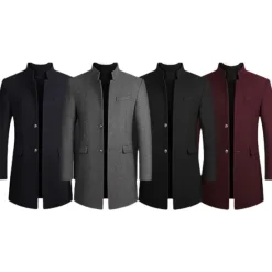 Outlet OUKU Men's Winter Coat Overcoat Trench Coat Business Daily Wear Winter POLY Thermal Warm Outdoor Outerwear Clothing Apparel Fashion Warm Ups Solid Colored Pocket Standing Collar Single Breasted Two-button